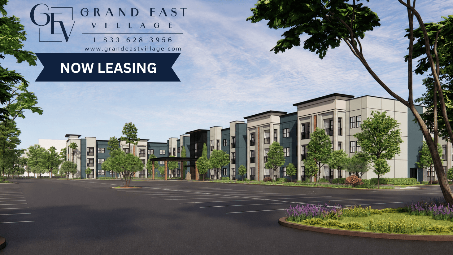 A rendering of a modern apartment complex with the text "Grand East Village" and "Now Leasing" prominently displayed.